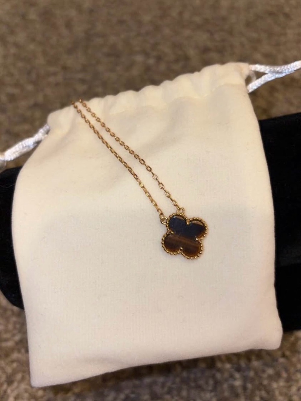 Gold-Tone Clover Pendant Necklace with Dark Brown Inlay tiger eye colour
